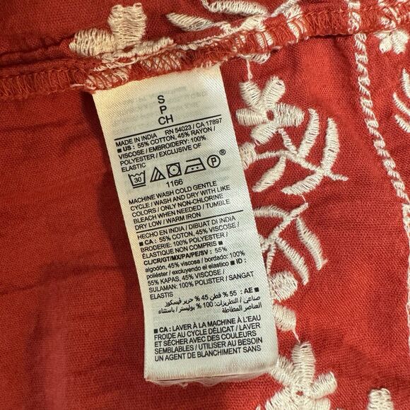 Old Navy Shirt Dress S Midi Smocked Embroidered Prairie Milkmaid Red White Boho - Picture 10 of 12